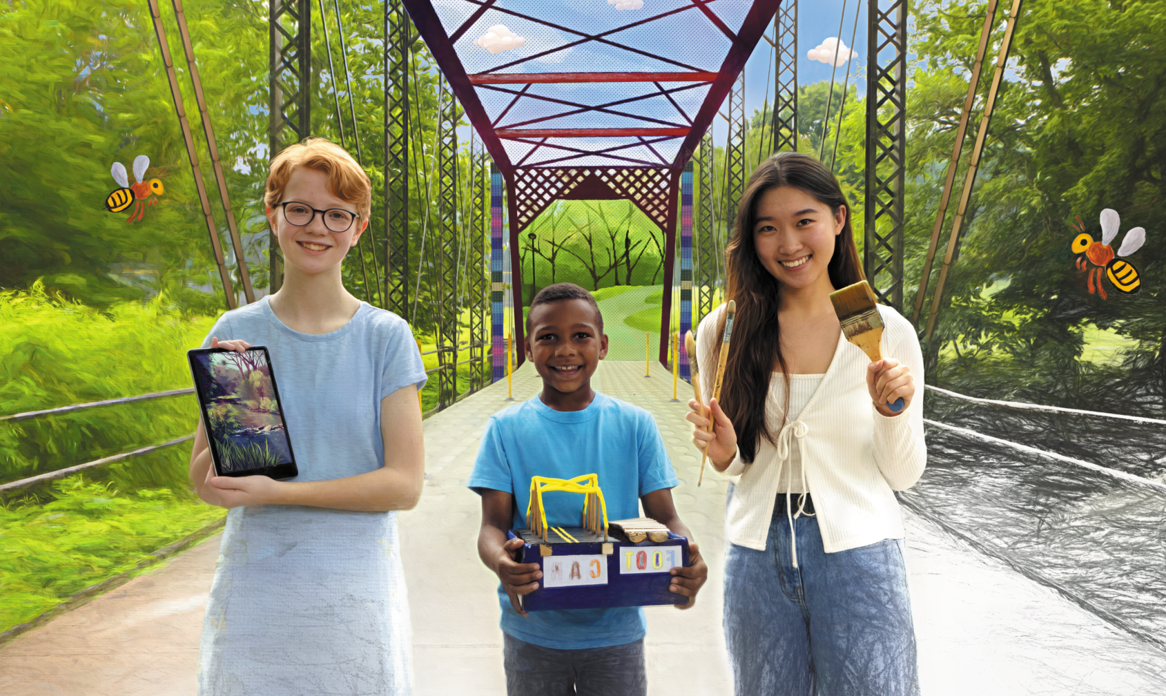 three students on bridge holding artwork or art tools