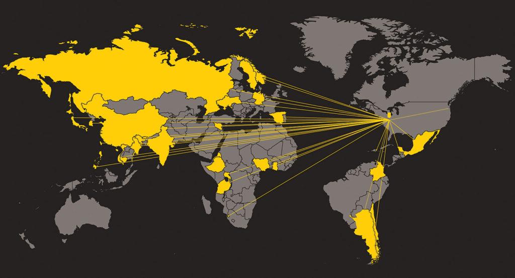 显示LM学生来自世界各地的国家/地区的地图